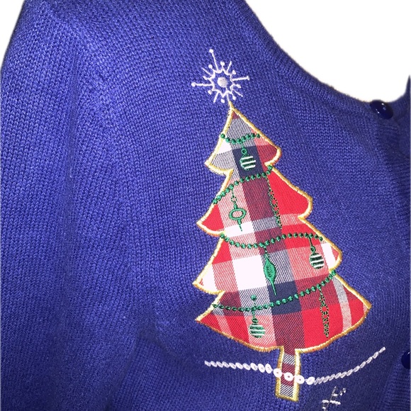 Vintage Festive Blue Knit Sweater Embroidered Sequins Plaid Trees Snowflakes XL - Picture 7 of 12